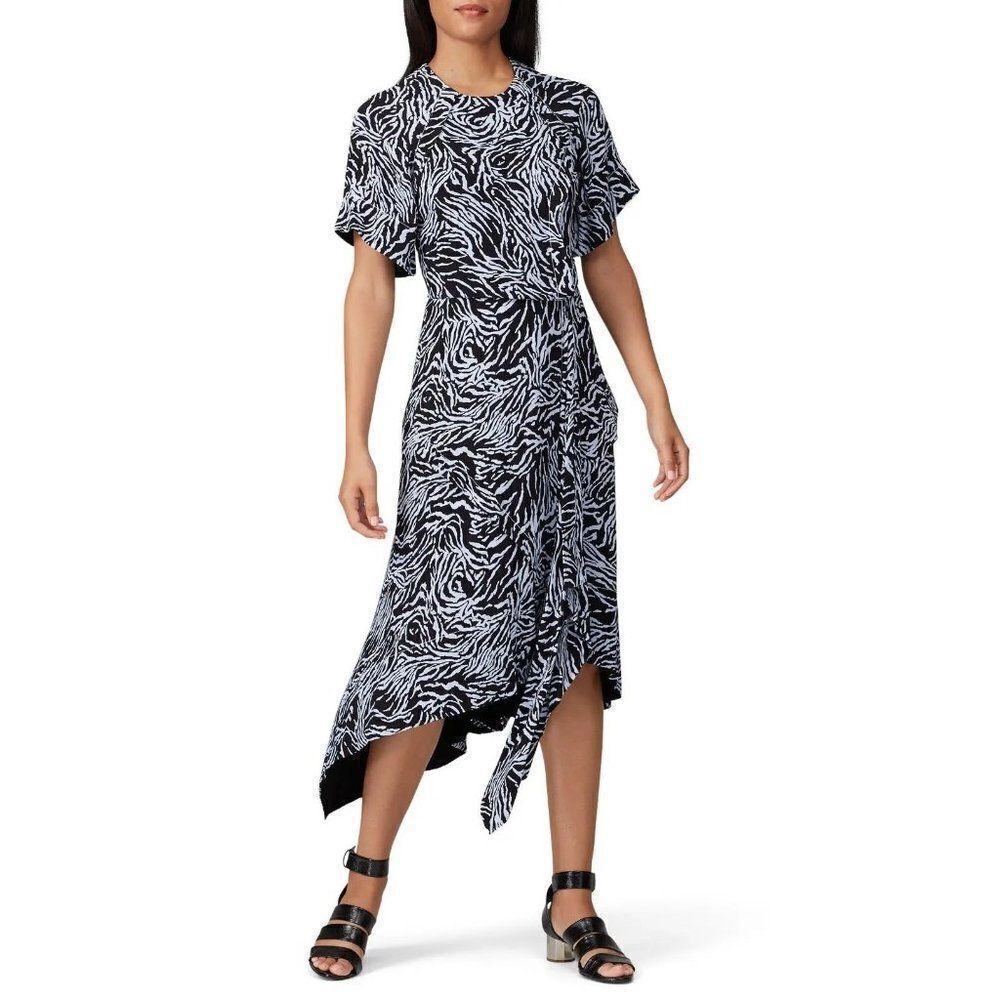 Proenza Schouler Animal Print Short Sleeve Draped Midi Dress Crew Neck Size 2
